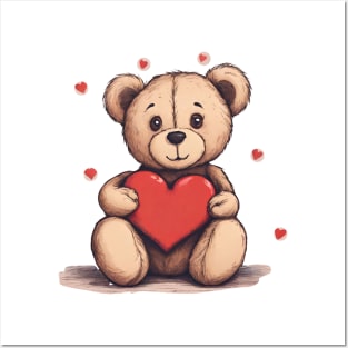 Cute Teddy Bear Hugging a Heart Posters and Art